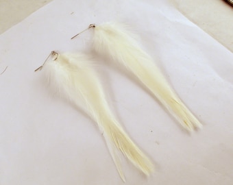 white feather earrings dangler natural feathers thin