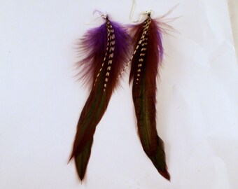 Raven Black Feather Earrings Purple