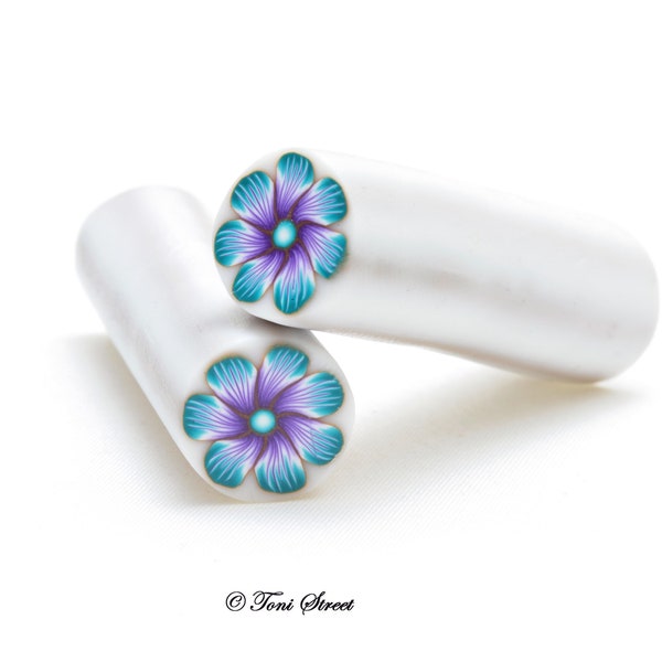 Canne en argile polymère bleu sarcelle et fleur mauve sirène, brut, décoration d'ongles