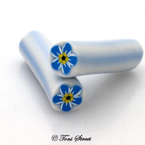 Könnte beinhalten: Zwei zylindrische Polymer-Ton-Stangen mit blau-weiß gestreifter Außenseite. Die Enden jeder Stange zeigen ein detailliertes, fünfblättriges blaues Blumenmuster mit gelber Mitte und schwarzen Akzenten. Der Text Toni Street ist unten zu sehen.