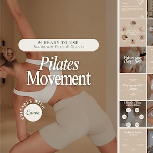 This image showcases a collection of 50 ready-to-use Instagram templates specifically for Pilates trainers, studios, and wellness enthusiasts. It is styled with a warm and professional aesthetic to appeal to small business owners, health advocates.