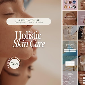 Könnte beinhalten: Eine Collage aus Instagram-Posts und -Stories zum Thema holistische Hautpflege. Das Bild zeigt eine Nahaufnahme eines Gesichts und Text mit der Aufschrift "50 FERTIGE INSTAGRAM-POSTS & STORIES Holistische Hautpflege Bearbeitbar mit Canva".