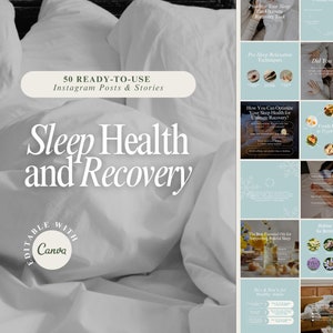 Puede incluir: Un conjunto de 50 publicaciones e historias de Instagram sobre la salud del sueño y la recuperación. Las imágenes están en un esquema de color azul claro con texto blanco e ilustraciones. El texto incluye "Salud del sueño y recuperación", "50 publicaciones e historias de Instagram listas para usar", "¿Sabías que?", "¿Cómo puedes optimizar tu salud del sueño para una recuperación definitiva?", "Beneficios clave de obtener un sueño adecuado y de calidad", "Alimentos ricos en triptófano", "Los mejores aceites esenciales para apoyar un sueño reparador", "Tés para la hora de acostarse para un mejor sueño", "La ciencia de las etapas del sueño profundo", "Qué hacer y qué no hacer para hábitos de sueño saludables", "Desintoxicación digital para un mejor sueño: tipo de dispositivo digital", "Técnicas de relajación antes de dormir", "Protege tu sueño: La herramienta de recuperación definitiva", "Editable con Canva".
