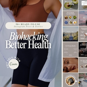 May include: A collage of Instagram post templates for biohacking better health. The templates feature a variety of topics, including sleep, nutrition, stress management, and cold therapy. The templates are editable with Canva.