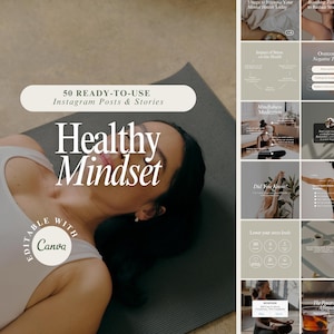 May include: A set of 50 ready-to-use Instagram posts and stories about healthy mindset. The image features a woman lying on a yoga mat with the text "Healthy Mindset" and "50 Ready-to-Use Instagram Posts & Stories" above her. The image also includes a grid of 12 smaller images with tips and advice on healthy mindset, such as "Overcoming Negative Thoughts" and "Simple Ways to Start Your Day Mindfully".