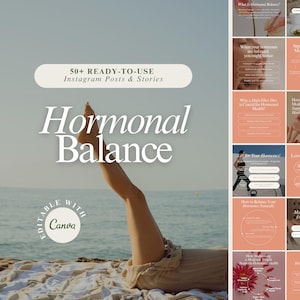 以下が含まれることがあります： インスタグラム用のデジタルマーケティングキット。ビーチにいる女性と「50+ READY-TO-USE Instagram Posts & Stories Hormonal Balance Editable with Canva」というテキストが書かれています。このキットには、ホルモンバランスのヒントが書かれたインスタグラム投稿テンプレートが12個含まれています。