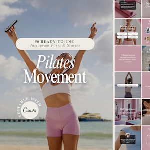 Op de afbeelding: Een collage van 50 Instagram-berichten en -verhalen over Pilates. De afbeelding toont een vrouw in een roze sportbeha en shorts, met haar armen omhoog in de lucht, tegen een strandachtergrond. De tekst "50 READY-TO-USE Instagram Posts & Stories Pilates Movement Editable with Canva" wordt op de afbeelding weergegeven. De collage bevat afbeeldingen van mensen die Pilates-oefeningen doen, evenals tekst over de voordelen van Pilates.