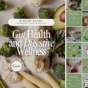 Op de afbeelding: Een verzameling van 50 Instagram-berichten en -verhalen over darmgezondheid en spijsverteringswelzijn. De afbeeldingen tonen verschillende groenten, waaronder broccoli, bloemkool en avocado. De tekst "Gut Health and Digestive Wellness" wordt weergegeven in een groot, vet lettertype.