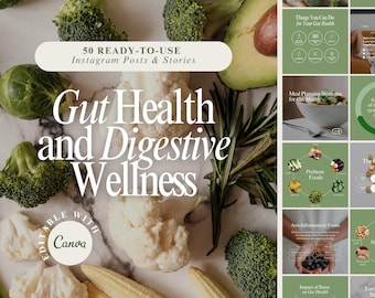 Gut Health and Digestive Wellness Instagram Templates | 50 Canva Designs + 4 Carousel Posts for Wellness & Health Coaches, Nutritionists