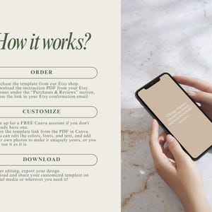 May include: A step-by-step guide on how to use a digital template. The guide includes three steps: order, customize, and download. The image shows a phone screen with a quote that reads "Change happens through movement and movement leads to change".