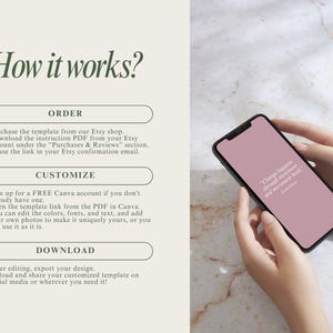 May include: A pink phone screen with the text "Change happens through persistent effort and consistent habits."  The phone is being held by a person's hands.  The image shows a step-by-step guide on how to use a digital template.