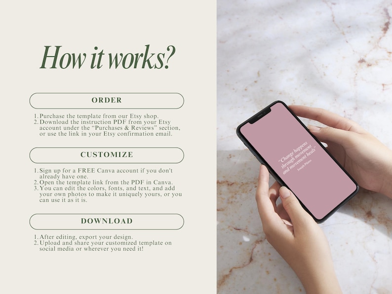 May include: A pink phone screen with the text "Change happens through persistent effort and consistent habits."  The phone is being held by a person's hands.  The image shows a step-by-step guide on how to use a digital template.