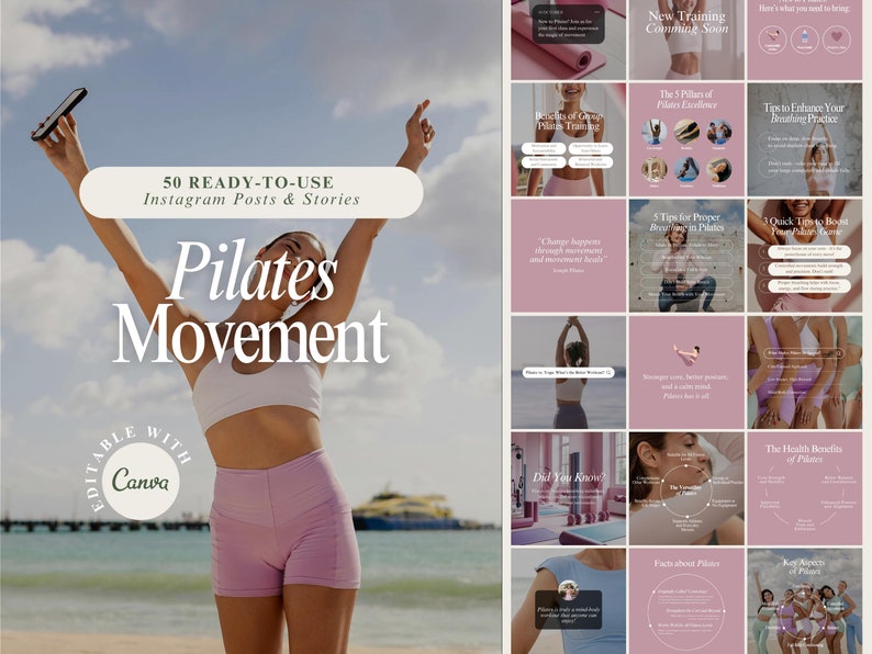 Pilates Instagram templates in pink and pastel tones. 50 editable Canva designs for wellness coaches, fitness trainers, and health brands. Perfect for social media posts and stories to boost engagement.