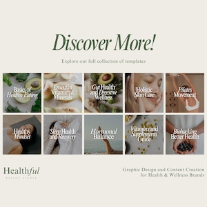 May include: A collage of images showcasing various health and wellness topics, including healthy eating, vitamins, gut health, skin care, pilates, mindset, sleep, hormonal balance, vitamins and supplements, and biohacking. The text "Discover More!" appears at the top of the image, and the text "Healthful" appears at the bottom of the image.