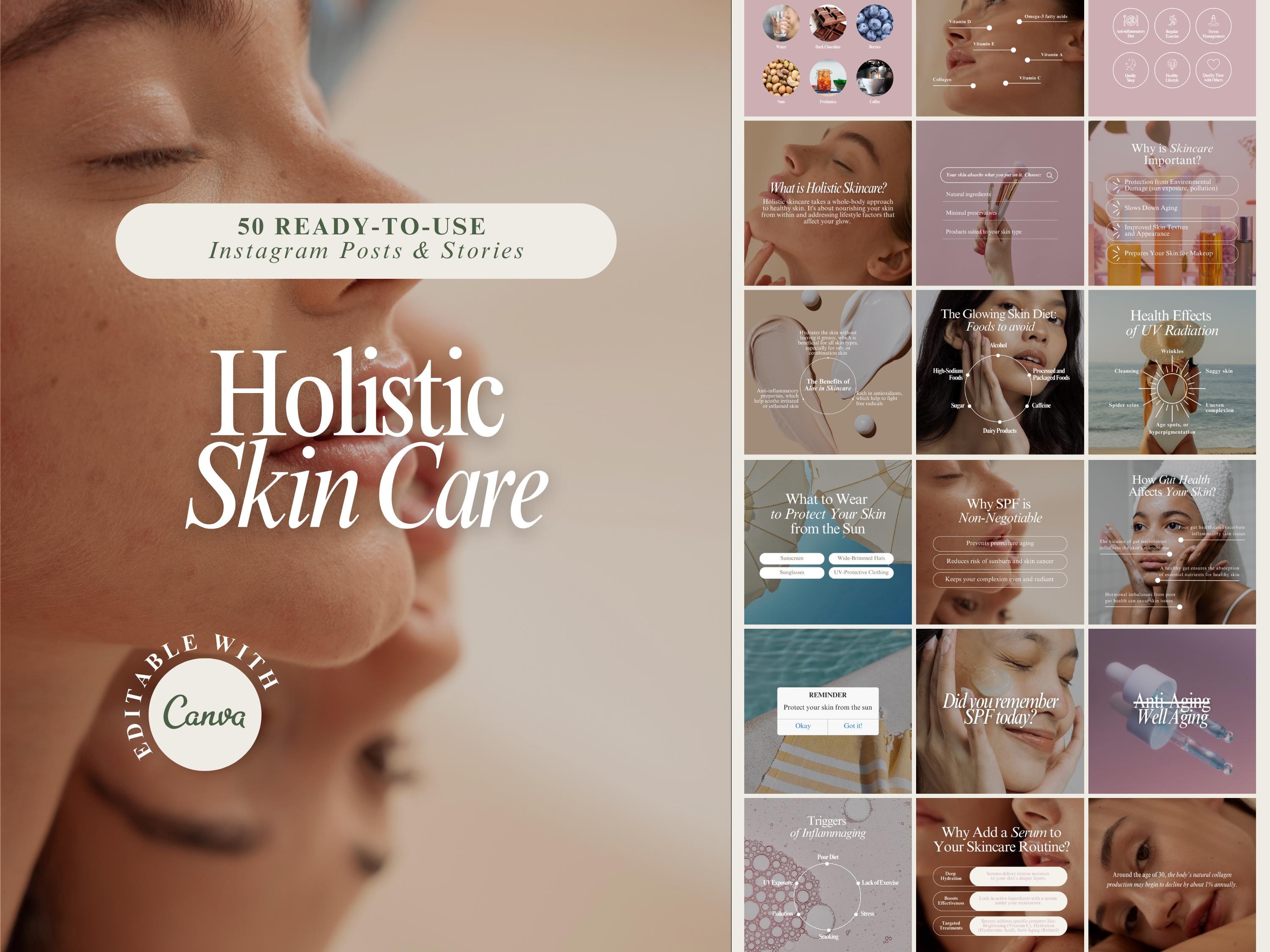 Holistic Skincare Instagram Templates | 50 Editable Posts, Stories and Carousels for Coaches & Wellness Brands