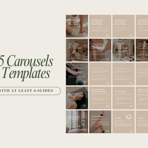 May include: Five carousel templates for social media featuring images of a woman practicing pilates. The templates include text such as "Essential Tips for a Stronger Pilates Practice", "1 Tip to Take Your Pilates to the Next Level", "How to Breathe During Pilates", "Lateral Breathing", "360&deg; Breathing", "Add in Proper Alignment", "Chest and Ribs", "Shoulder", "Rocking", "Roll Out", and "Foundation Before You Start Your Pilates Journey".