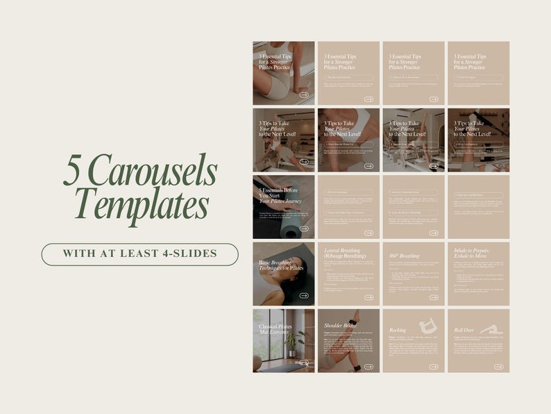 May include: Five carousel templates for social media featuring images of a woman practicing pilates. The templates include text such as "Essential Tips for a Stronger Pilates Practice", "1 Tip to Take Your Pilates to the Next Level", "How to Breathe During Pilates", "Lateral Breathing", "360&deg; Breathing", "Add in Proper Alignment", "Chest and Ribs", "Shoulder", "Rocking", "Roll Out", and "Foundation Before You Start Your Pilates Journey".