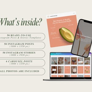 May include: A digital product mockup showing 50 Instagram post and story templates, 4 carousel posts, and all photos included. The templates are designed for a health and wellness brand and feature a pink and white color scheme. The text "What's inside?" is displayed at the top of the image.