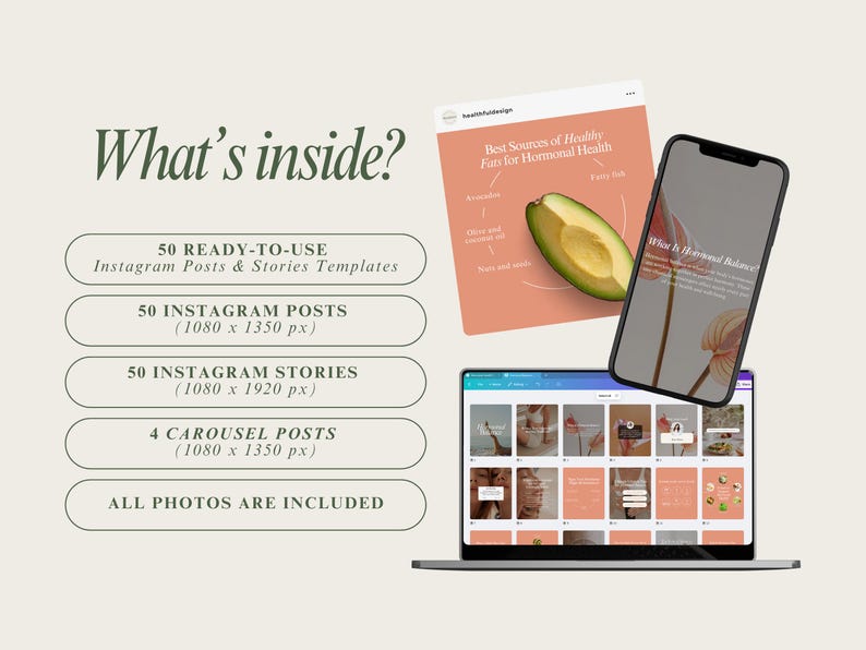 May include: A digital product mockup showing 50 Instagram post and story templates, 4 carousel posts, and all photos included. The templates are designed for a health and wellness brand and feature a pink and white color scheme. The text "What's inside?" is displayed at the top of the image.