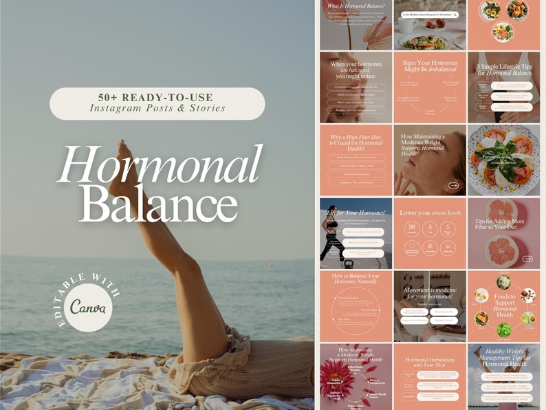 A set of 50+ ready-to-use Instagram templates for Hormonal Balance, featuring posts and stories. Editable in Canva, these designs are perfect for wellness brands, health coaches, and social media managers.