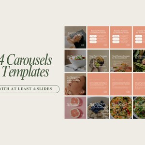 May include: Four Instagram carousel templates with at least four slides each. The templates feature images of food, a woman's face, and text about essential nutrients and meal planning strategies for hormonal health.