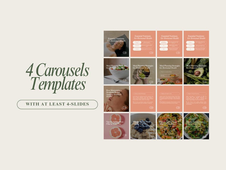 May include: Four Instagram carousel templates with at least four slides each. The templates feature images of food, a woman's face, and text about essential nutrients and meal planning strategies for hormonal health.