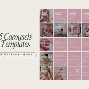 May include: Five pink and white carousel templates for social media with images of a woman doing pilates exercises. The text on the templates says "5 Carousels Templates" and "With at least 4-slides".