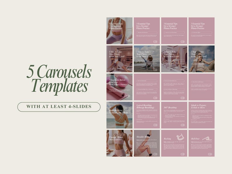 May include: Five pink and white carousel templates for social media with images of a woman doing pilates exercises. The text on the templates says "5 Carousels Templates" and "With at least 4-slides".