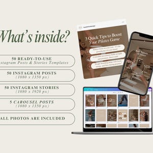 May include: A digital product mockup showing a collection of 50 Instagram posts and stories templates, 5 carousel posts, and a bonus tip sheet with the text "3 Quick Tips to Boost Your Pilates Game". The templates are designed for a pilates studio or instructor and feature a neutral color palette with a modern aesthetic.