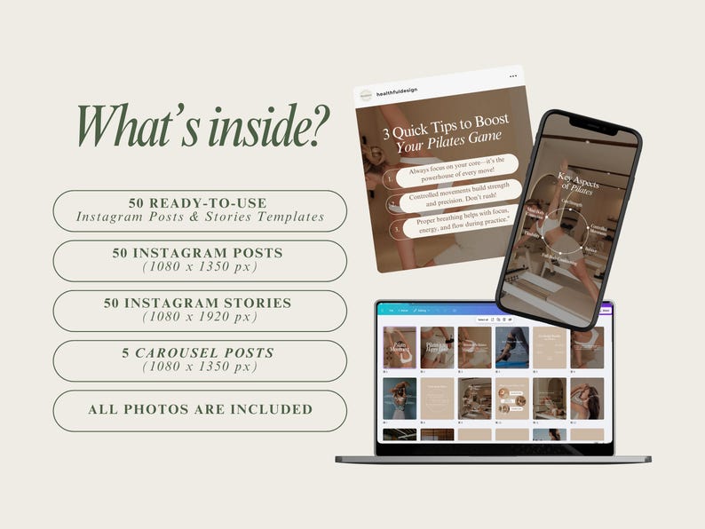 May include: A digital product mockup showing a collection of 50 Instagram posts and stories templates, 5 carousel posts, and a bonus tip sheet with the text "3 Quick Tips to Boost Your Pilates Game". The templates are designed for a pilates studio or instructor and feature a neutral color palette with a modern aesthetic.