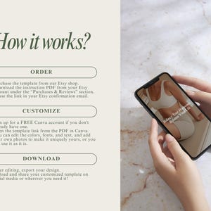 May include: A graphic with instructions on how to order, customize, and download a digital template. The graphic includes a screenshot of a phone displaying a template with the text "Balance Your Hormones, Balance Your Life".