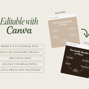 May include: A before and after image showing how to edit a social media graphic using Canva. The before image is a beige graphic with a circle diagram showing the health benefits of Pilates. The after image is a black graphic with the same circle diagram. The text on the graphic says "The Health Benefits of Pilates".
