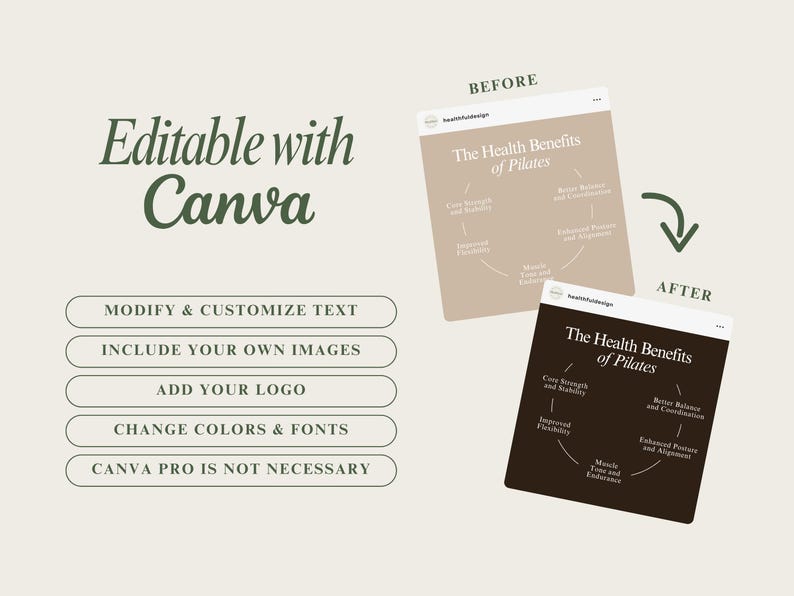 May include: A before and after image showing how to edit a social media graphic using Canva. The before image is a beige graphic with a circle diagram showing the health benefits of Pilates. The after image is a black graphic with the same circle diagram. The text on the graphic says "The Health Benefits of Pilates".