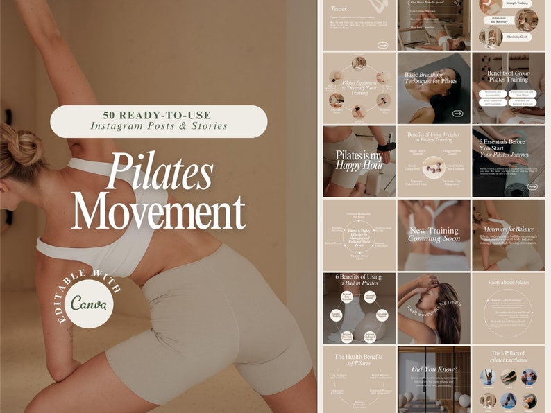This image showcases a collection of 50 ready-to-use Instagram templates specifically for Pilates trainers, studios, and wellness enthusiasts. It is styled with a warm and professional aesthetic to appeal to small business owners, health advocates.