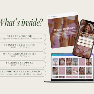 May include: A laptop screen displaying a collection of 50 Instagram post and story templates for a fitness brand. The templates feature a pink and white colour scheme with images of women exercising. The text on the screen reads "Movement for Balance".