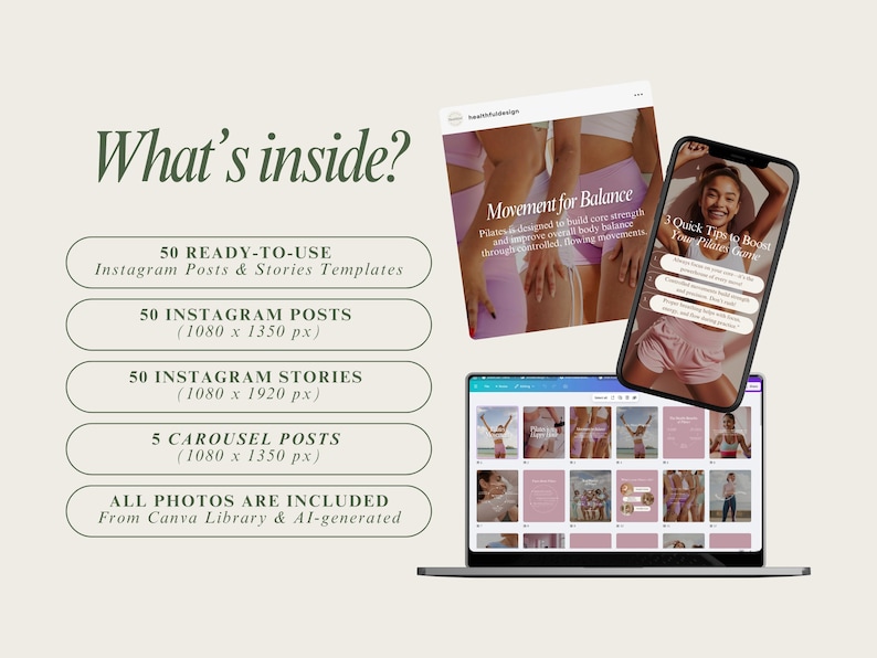May include: A laptop screen displaying a collection of 50 Instagram post and story templates for a fitness brand. The templates feature a pink and white colour scheme with images of women exercising. The text on the screen reads "Movement for Balance".