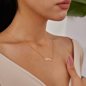 Gold Name and Red Heart Jewelry, Custom Name Necklace, Handwritten Name Plate, Red Love Necklace, 14K Gold Jewelry, Christmas Gifts For Her