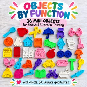 May include: A collection of 36 colorful miniature plastic objects for speech therapy, including shapes like a house, car, bicycle, apple, scissors, and clock. The image features the text "OBJECTS BY FUNCTION" and "36 MINI OBJECTS for Speech & Language Therapy".