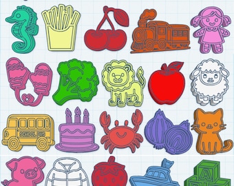 100 Mini Objects STL Bundle – 3D Printable Speech Therapy & Preschool Toys – Animals, Food, Toys, Clothes, Transportation
