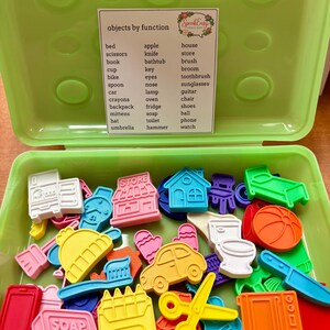 May include: A lime green plastic storage container filled with various colorful, small, flat plastic shapes representing objects like a car, house, scissors, and soap. A white label inside the lid lists the objects by function in black text.