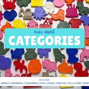 May include: A collection of colorful plastic mini objects in various shapes including animals, fruits, vehicles, and clothing items. A central blue banner displays the text 'mini object CATEGORIES' and a bottom white banner lists categories.