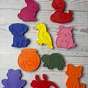 May include: A collection of ten colorful plastic animal-shaped cookie cutters including a pink rabbit, red snake, blue dog, yellow parrot, pink hamster, orange fishbowl, green turtle, purple frog, red lizard, and an orange cat.