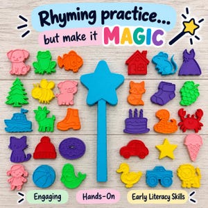 May include: A set of colorful plastic shapes including animals, vehicles, and objects, arranged around a central blue star-shaped wand. The text reads Rhyming practice... but make it MAGIC, Engaging, Hands-On, and Early Literacy Skills.