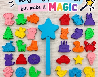 May include: A set of colorful plastic shapes including animals, vehicles, and objects, arranged around a central blue star-shaped wand. The text reads Rhyming practice... but make it MAGIC, Engaging, Hands-On, and Early Literacy Skills.