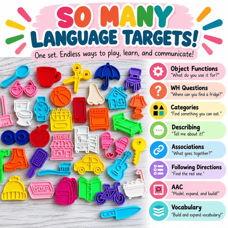 May include: A collection of colorful plastic shapes representing various objects like a house, car, guitar, and bicycle, accompanied by text reading SO MANY LANGUAGE TARGETS! and a list of educational categories including Object Functions and Vocabulary.