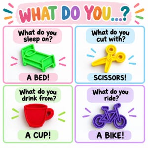 May include: An educational learning card titled WHAT DO YOU...? featuring four colorful plastic icons: a green bed, yellow scissors, a red cup, and a purple bicycle. Each icon is paired with a question and answer text, such as What do you sleep on? A BED!, What do you cut with? SCISSORS!, What do you drink from? A CUP!, and What do you ride? A BIKE!.