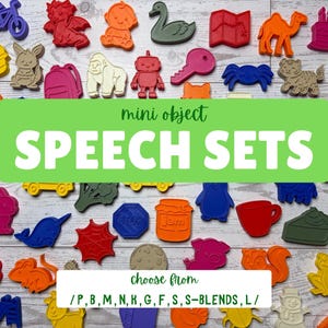 May include: A collection of small, colorful plastic figurines in various shapes including animals, vehicles, food, and objects. A green rectangular overlay features the text 'mini object SPEECH SETS' and 'choose from /P, B, M, N, K, G, F, S, S-BLENDS, L/'.