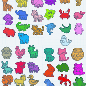 May include: A selection of colourful animal-shaped STL files, including a giraffe, lion, rhino, octopus, fish, seahorse, monkey, elephant, zebra, shark, crab, whale, crocodile, tiger, dolphin, stingray, penguin, sheep, rooster, goat, dog, cat, fishbowl, donkey, pig, cow, rabbit, turtle, hamster, turkey, horse, duck, parrot, lizard, snake, and frog. The text "ANIMAL STL FILES" is at the top.