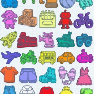May include: A selection of colourful, outlined illustrations of everyday objects. The image includes a teddy bear, a school bus, a dress, a rocket ship, a train, and other items. The text "EVERYDAY MINI OBJECT STL FILES" is at the top.