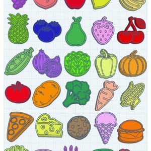 May include: A collection of colorful food-themed STL files, including fruits, vegetables, and various treats. The image features a variety of items such as grapes, apples, a pineapple, blueberries, a pear, a strawberry, cherries, and more. The text "FOOD STL FILES" is at the top.